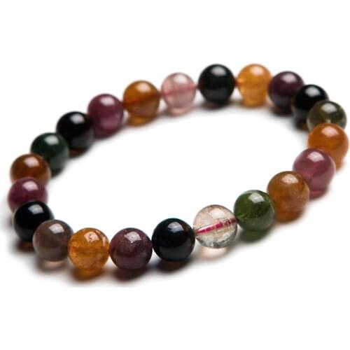 9mm Genuine Colorful Natural Tourmaline Bracelet Women Female Stretch Crystal Round Bead Natural Stone Bracelet
