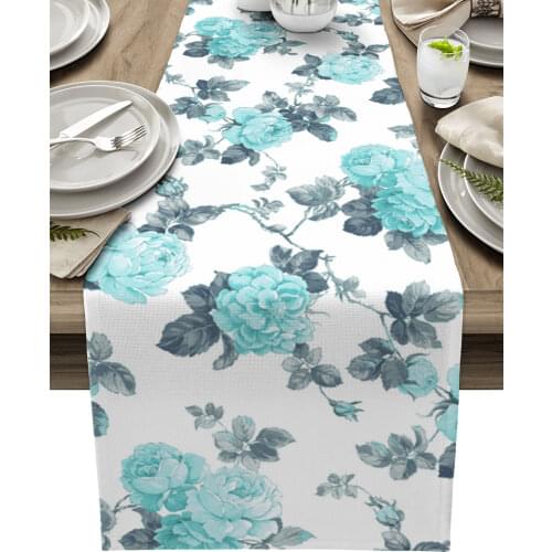 Aqua Rose Watercolor Table Runner Luxury Home Dining Table Coffee Table Holiday Wedding Decoration Party Dinner Table Runner
