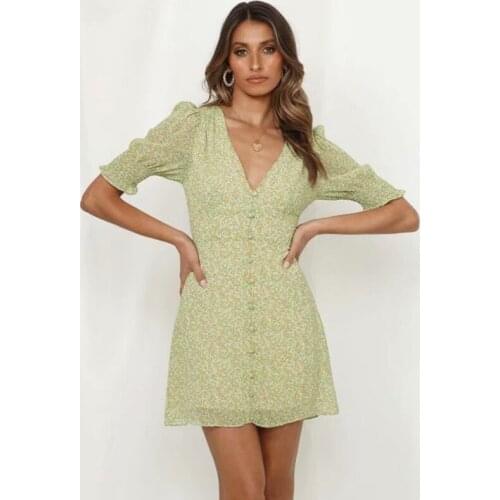 Ardm Elegant Spring Summer 2021 New Ruffled A-Line Women Dress V-Neck With Button Print Slim Office Ladies Mini Dress Vestidos