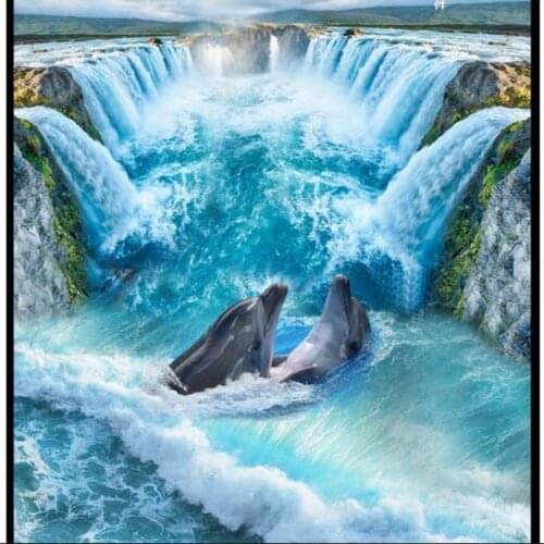 Beibehang ultra - high - definition waterfall dolphins living room kitchen 3D floor ultra - green 3D board to paint the