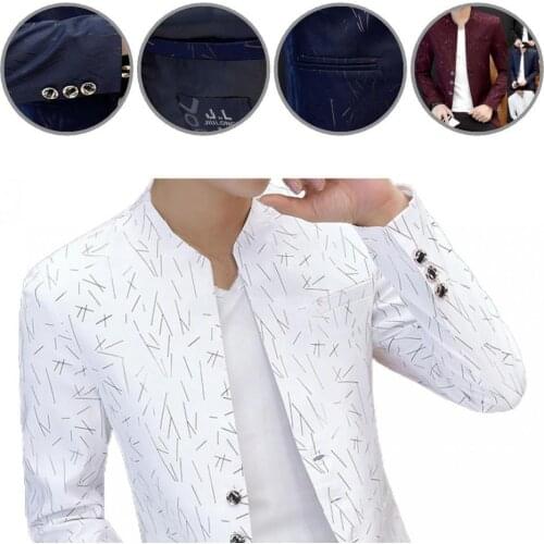 Spring Autumn Attractive Stand Collar Fake Pockets Buttons Blazer Coat Men Blazer Vintage Print for Dating