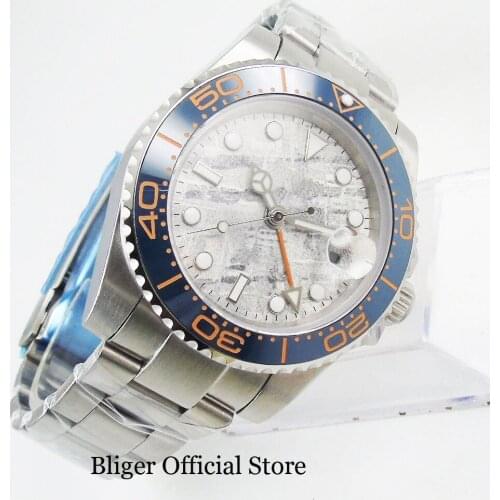Bliger New Nologo Grey Dial Sapphire Glass Date Function 40mm Silver Color Case Mental Bracelet GMT Movement