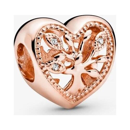 Family Tree Heart Charm 925 Sterling Silver Rose Gold Beads Fit Original Bracelet DIY Jewelry Making
