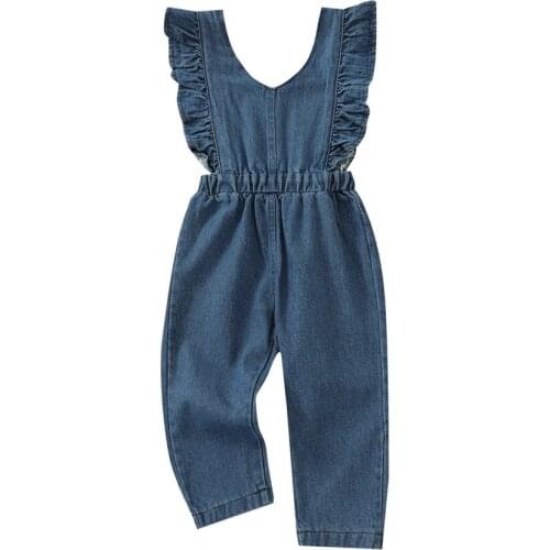 2021 0-6Y Fashion Kids Baby Girls Romper Denim Overalls Blue Solid V Neck Ruffle Sleeveless Backless Jumpsuit Long Pants Summer