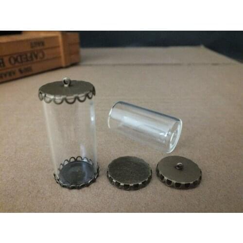 Two side open tube shap glass globe with bronze flower base glass bottle fashion jewelry pendant 40x20mm