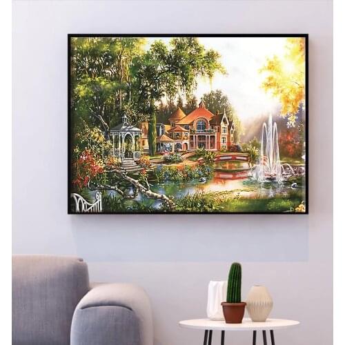 HUACAN Cross Stitch House Scenery Needlework Sets Embroidery Village Landscape Kits White Canvas DIY Home Decor 14CT 40x50cm