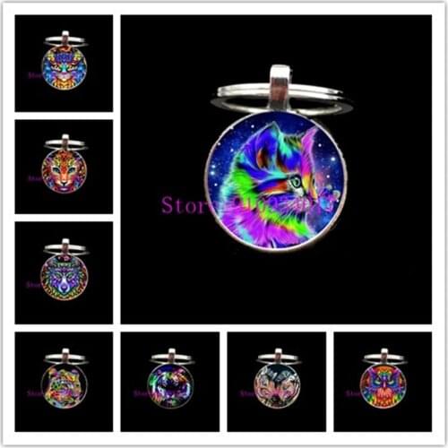 Cool Colorful Lion Keyring, Oli Painting Tiger Keychain,owl Key Holder, Cute Animal Glass Cabochon Key Chain Gift for Boy Friend