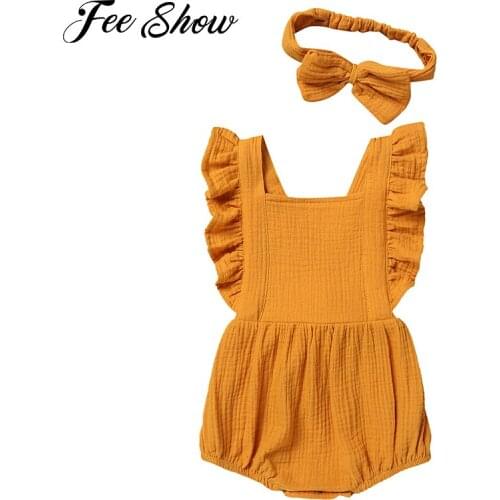 Organic Cotton Baby Girl Clothes Summer New Double Gauze Kids Ruffle Romper Jumpsuit Headband Dusty Pink Playsuit For Newborn