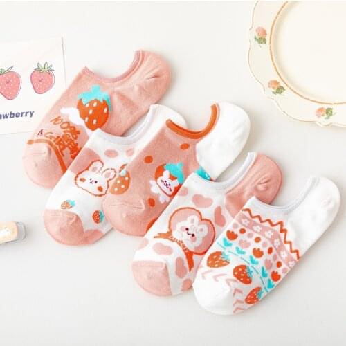 Cute Japanese Bunny Asakuchi Socks Sweet Soft Girl Pink Strawberry Student Fashion Comfortable And Breathable Short Socks Female