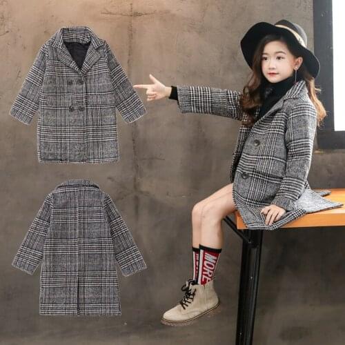 Fashion Plaid Wool Coat For Girls Double-breasted Kids Long Outerwear Autumn Thick Winter Clothes For Girl Teen Children Jacket