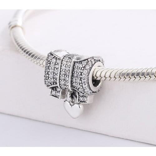 Fashion 925 Sterling Silver Pave CZ Heart Bow Pendant Beads Charm Bracelet DIY Jewelry Making For Original Pandora