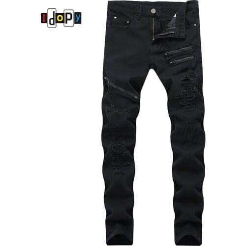 Fashion Mens Straight Fit Vintage Washed Jeans With Zippers Ripped Holes Stretch Denim Pants Black Jean Trousers For Men
