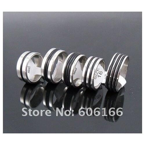 7.5mm Mens Silver Tone Rubber Ring Stainless Steel Rings Fashion Jewelry 50pcs lots Mixed