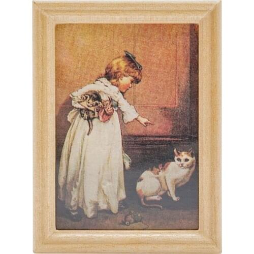 Odoria 1:12 Miniature Oil Painting Girl with Cat Wood Frame Wall Art Bedroom Home Dollhouse Accessories Doll House Decoration