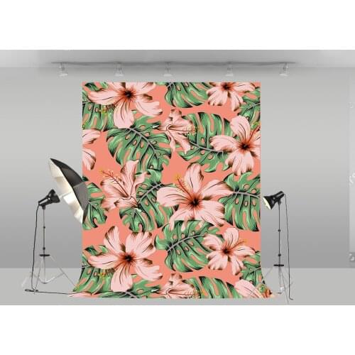 Pink flower floral backdrop for photography Tropical plant green leaf photo background Girl portrait picture booth studio props