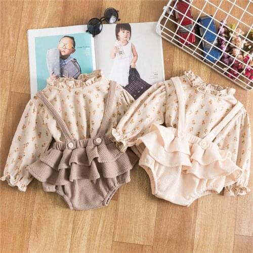Newborn Girls Long Sleeve Floral Printed Shirt + Suspender Romper Solid Skirt 2PCS Baby Girl Autumn&Winter Causal Clothes Sets