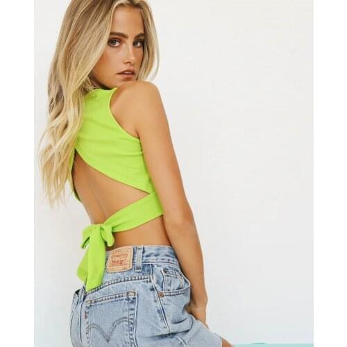 Sexy Backless Y2k Crop Tank Tops Women 2021 Neon Green Sleeveless Baby Tee Shirt Bandage Bow Summer 90s Going Out Tops Mujer