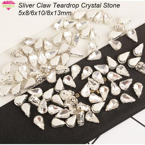 RESEN Sell at a loss 5X8/6x10//8x13mm Sliver Claw Teardrop Crystal Stones Flatback Glass Strass For Diy Garment Accessories