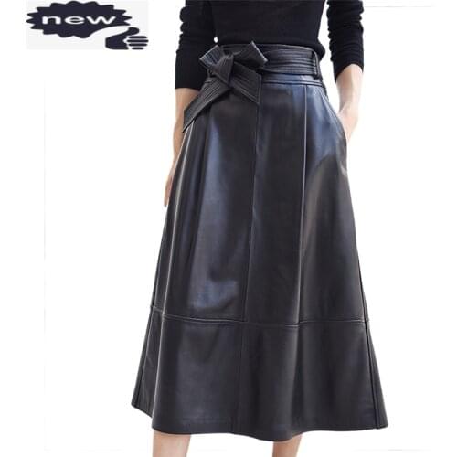 2021 New Fashion Women Skirts Female Genuine Leather Sheepskin Saia Falda Bow With Belt Knee Length Skirt Office Lady Plus Size