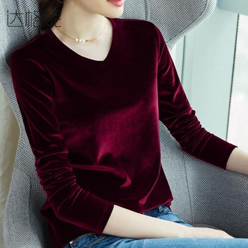 Womens Long-Sleeved T-shirt Autumn and Winter V-neck Top Large Size Loose Womens