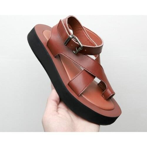 QZYERAI 2021 Women Real Leather Sandals Shoes Buckle Strap Platform Shoes Clip Toe Gladiator Ladies Footwear Size 34-44
