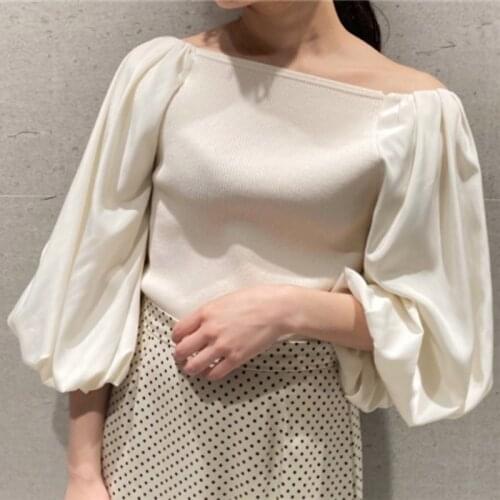 Sexy Slash Neck Puff Sleeve Women Clothing 2021 Spring Elegant Knitted Chiffon Patchwork Female Pullover Solid Vintage Tops