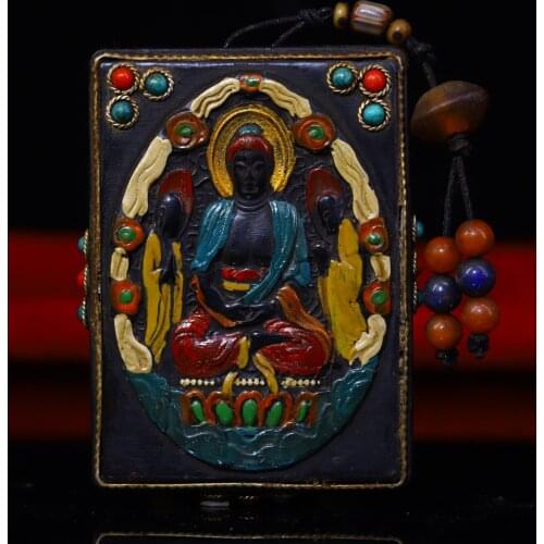 3"Tibet Temple Collection Old Natural horns Tracing mosaic Gem Dzi Bead Guanyin Bodhisattva Statue Pendant Town House Exorcism