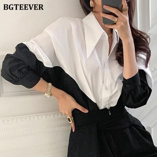 BGTEEVER Stylish Loose Women Patchwork Blouse Shirts 2021 Spring Ladies Turn-down Collar Shirts Tops Long Sleeve Female Blouses