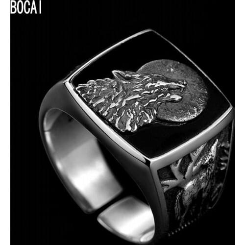 BOCAI New 100% s925 silver jewelry fashion personality wolf head domineering single Ring simple retro Man ring