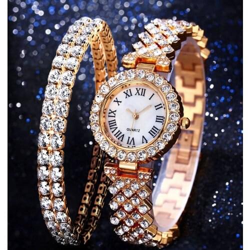 Fashion 2pcs Set Women Watches Luxury Magnet Buckle Flower Rhinestone Watch Ladies Quartz Wrist Watch Bracelet Set Reloj Mujer