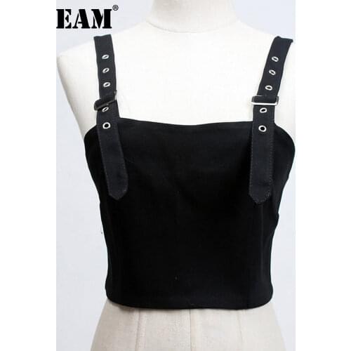 [EAM] Women Black Strapless Buckle Stitch Short Tank Tops New Sleeveless Personality Fashion Tide Spring Autumn 2021 1DB287