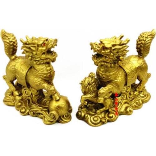 Chinese Feng Shui Brass Carved Guard Evil Dragon Kylin QiLin Beast Statue Pair
