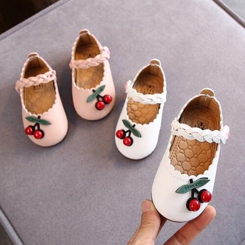 Toddler Girls Leather Nude Shoes Flat Soft-Sole Shoes Prewalker Princess Shoes With Decorative Cherry Velcro