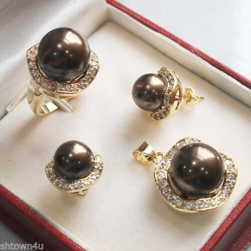Beautiful Chocolate shell pearl yellow gold jewelery set AAA style Fine Noble real Natural