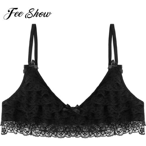 Sissy Mens Lingerie Exotic Tanks Bra Bralette Breathable Ruffled Layered Lace Wire-free Bra Top Adjustable Straps Exotic Tanks