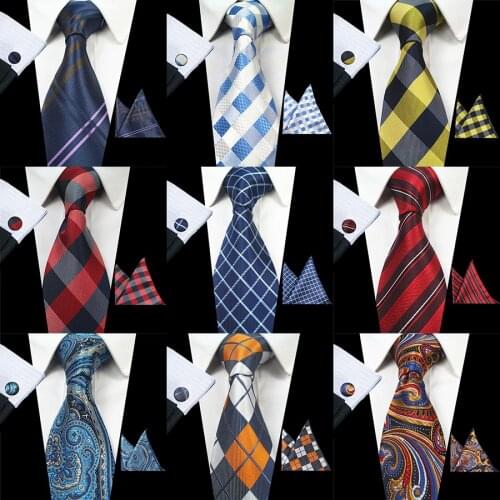 GUSLESON New Fashion Floral Tie Mens 8cm Silk Necktie Set Blue Green Purple Yellow Red Wedding Solid Tie Hanky Cufflinks Set