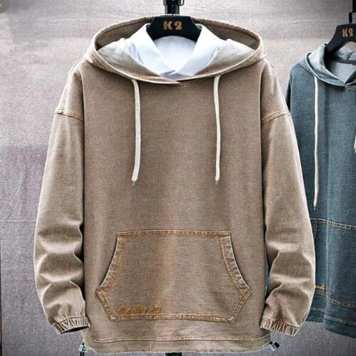 Denim Hoodies Men Winter Trendy Leisure Hooded Solid mens Pullover Students Letter Printed Long Sleeve Sweatshirts