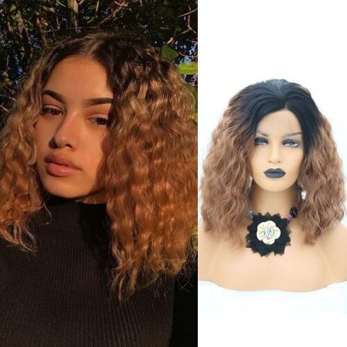 QUINLUX WIGS Ombre Brown Curly Bob Synthetic Lace Front Wig Be Restyled For Daily Wear Heat Resistant Fiber Cosplay For Women