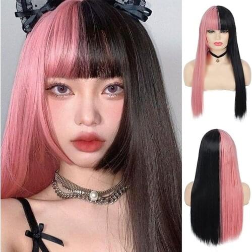 Synthetic Half Black Half Pink Wig with Bangs Long Straight Lolita Cosplay Party Synthetic Heat Resistant Fiber Wigs for Women