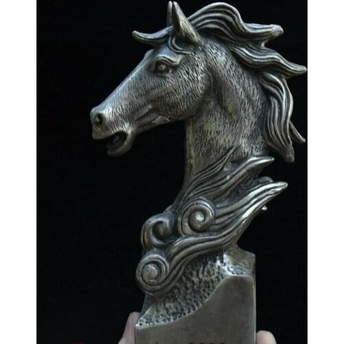 Old Chinese Silver Fengshui 12 Zodiac Year Horse Head imperial Seal Stamp Signet