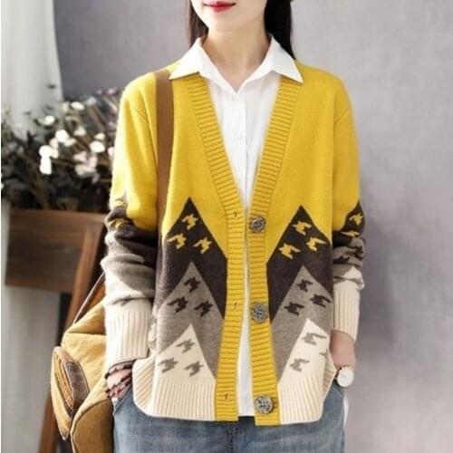 Print Knitted Womens Sweater Cardigans Single Breasted Long Sleeve Loose Paper Crane Pattern Fashion Jacquard Color Matching