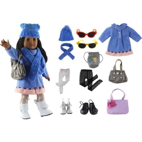 1 set Leisure handmade dress clothes outfit Princess skirt for 18 inch American Doll+2 Shoes+3 Bag+2 panty-hose+2 Pairs Glasses