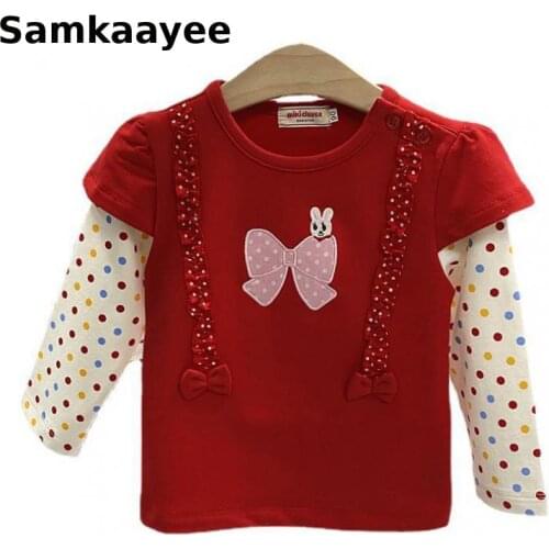 3-9y Girls T-Shirt Spring Autumn Baby Kids Tees Long Sleeve Tops Children Bow Clothing Cotton Cartoon Polka Dot Princess Clothes