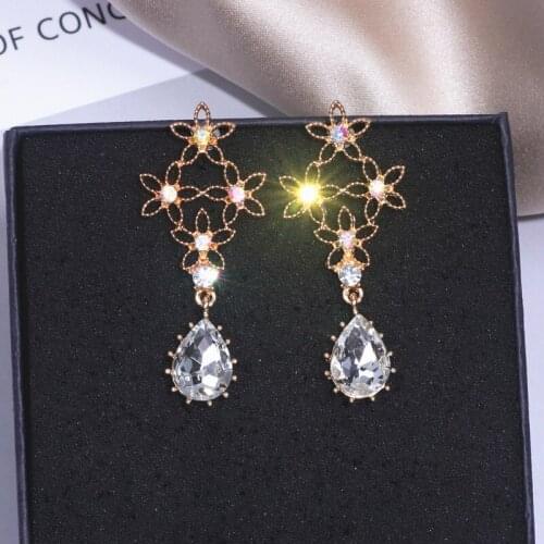 2019 New Fashion Elegant Crystal Water Drop Dangle Earrings For Women Shining Rhinestone Flower Long Pendientes Earrings