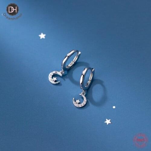 Dreamhonor Real 925 Sterling Silver Round Moon & Star Zircon Wedding Clip Earrings For Women Party Jewelry Gifts