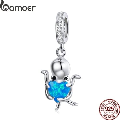 Bamoer 925 Sterling Silver Ocean Lively Octopus Blue Opal Zircon Charm Pendant for Original Bracelet Bangle Women DIY SCC1831