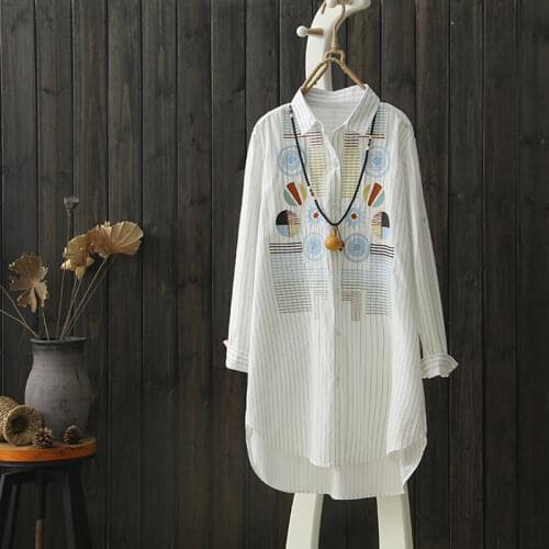 2020 Summer New Striped Women Blouse And Shirts Long-Sleeved Loose Embroidery Casual Lady Shirts Outwear Coat Tops