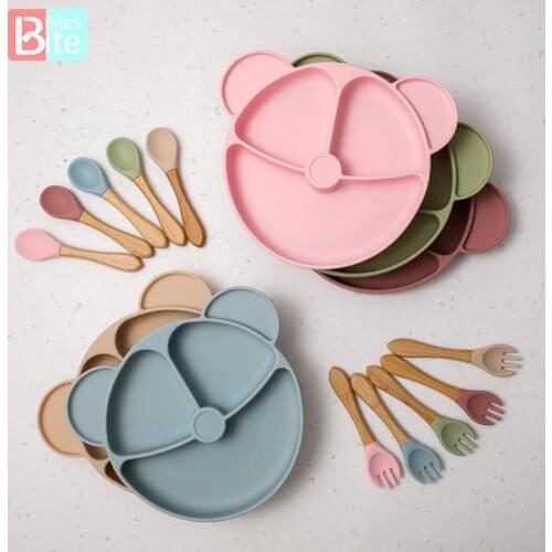 Bite Bites 3PCS/1Set Silicone Baby Feeding Tableware Cartoon Bear Dinner Plate Waterproof Spoon Baby Eating Dinnerware Set