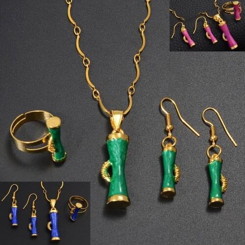 Anniyo PNG Drum Blue & Green Enamel Jewelry sets Pendant Necklaces Earrings for Women Papua New Guinea Wedding Jewellery #192106