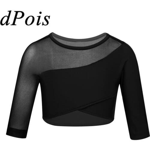 DPOIS Kids Girls Ballet Dance Tops Stretchy Ballerina Dance Wear Asymmetrical Crop Top Ballet Dance Stage Performance Clothing